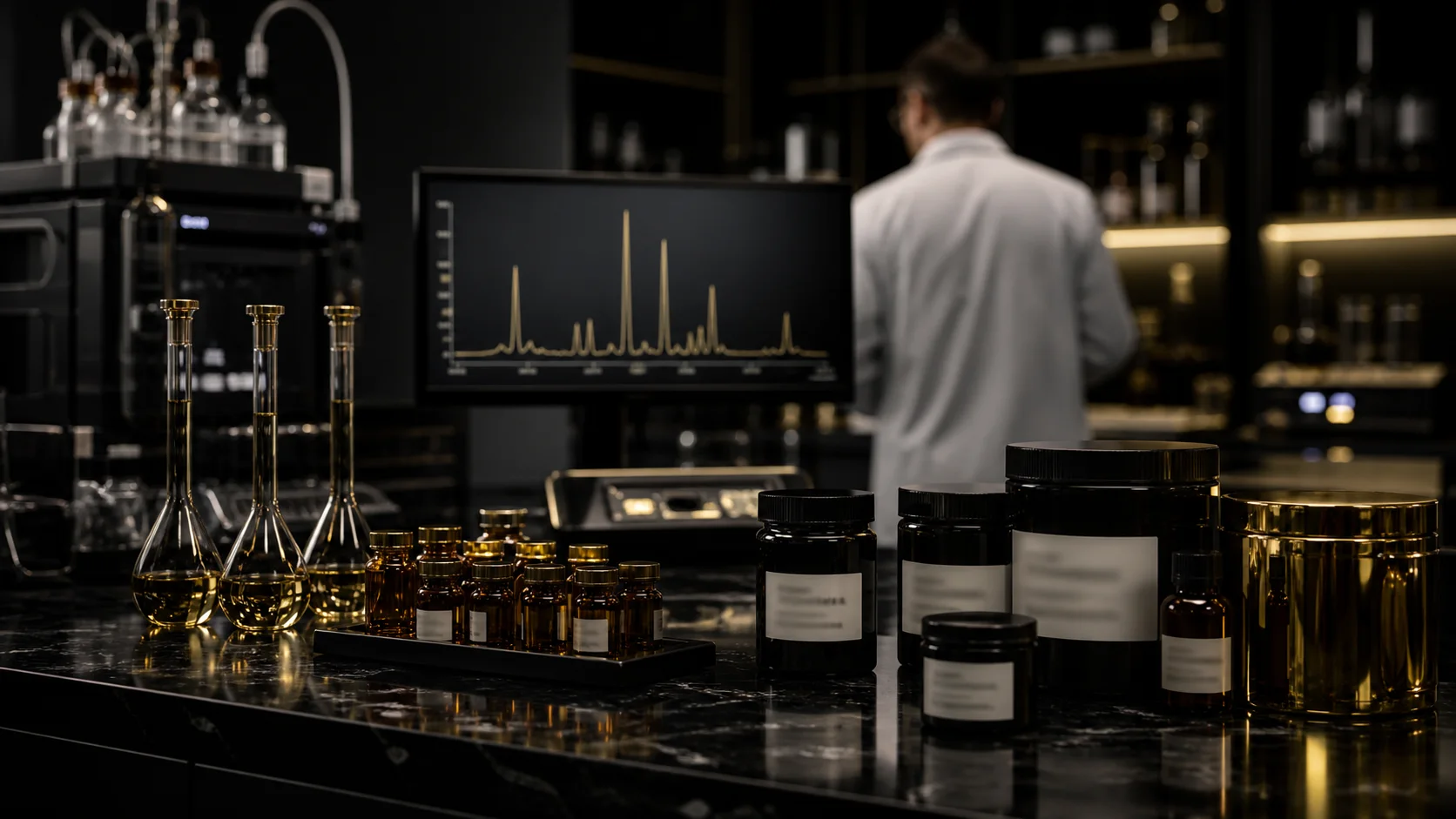 Analytical laboratory with chromatogram display and reference materials; editorial illustration