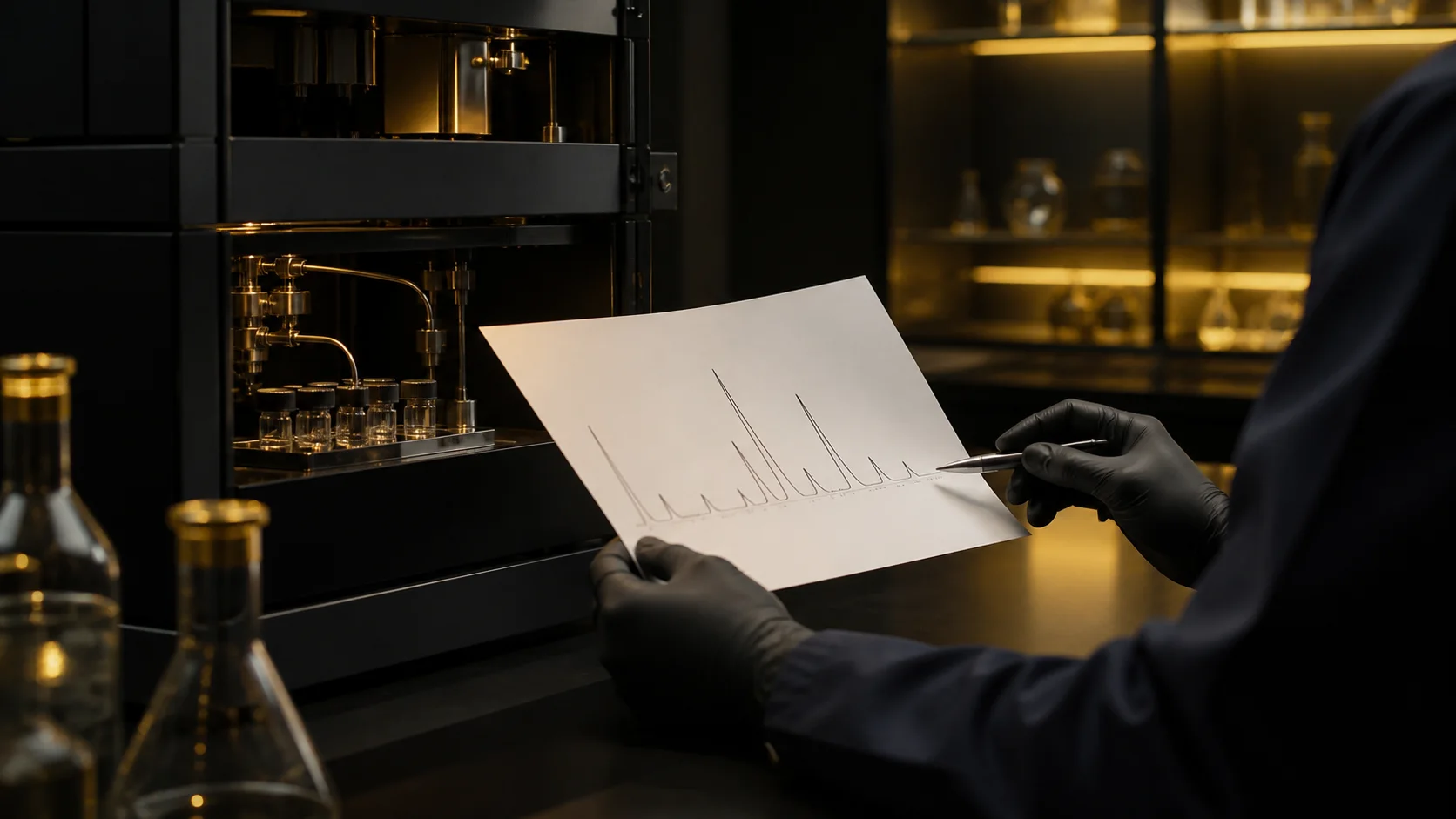 Analytical scientist reviewing a chromatogram beside laboratory instrumentation; editorial illustration